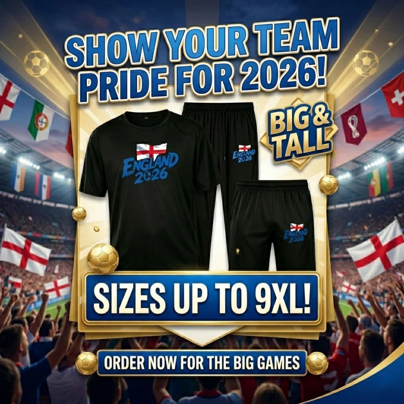 England 2026 Men's Big and Tall Soccer Football Graphic Tee and Lounge Pants/Shorts Set