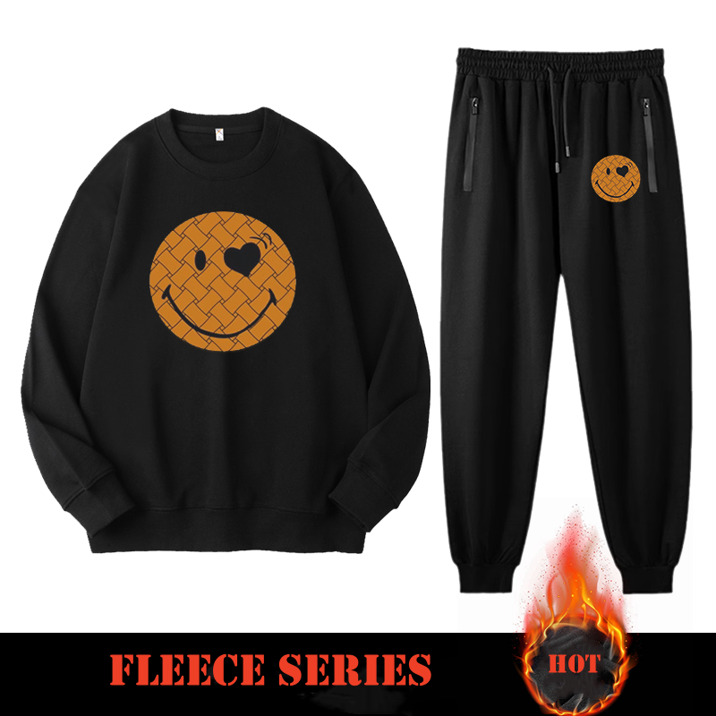 High-Quality Smiley Face Print Sweatshirt Set（BIG&TALL）