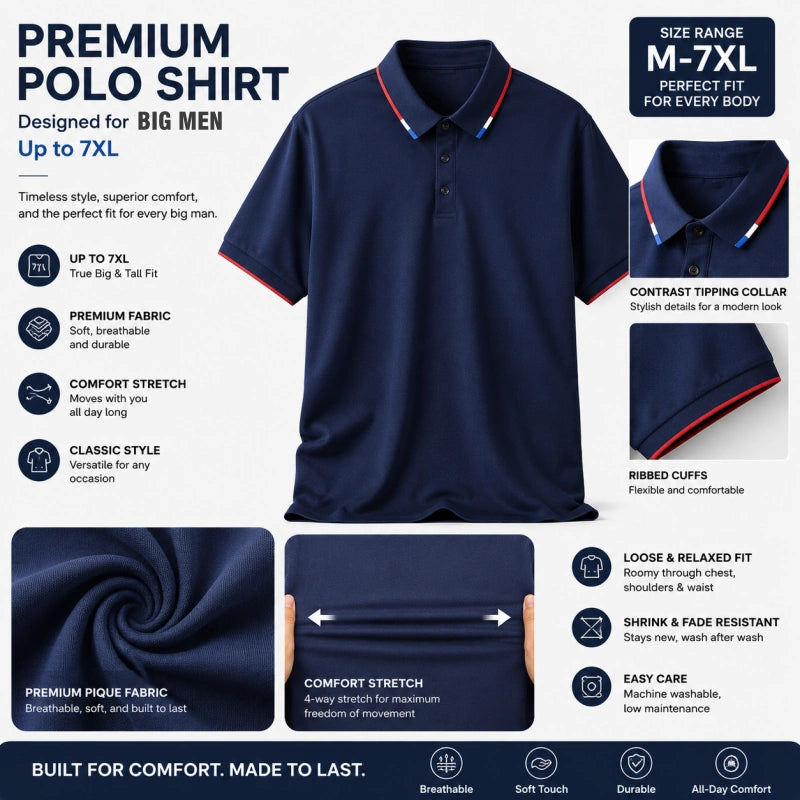 Premium Men's Pique Polo Shirt – Relaxed Fit, Sizes UP TO 7XL, Shrink Resistant