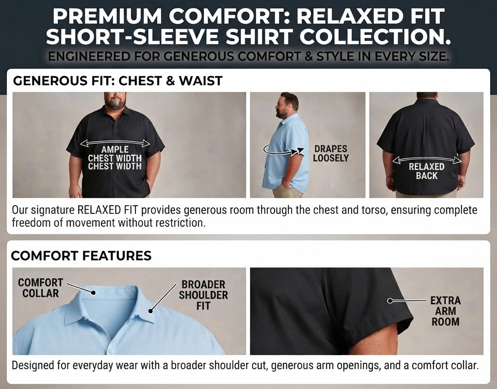 Premium Big Man's Solid Color Short-Sleeve Shirt - Relaxed Fit (XL-8XL)