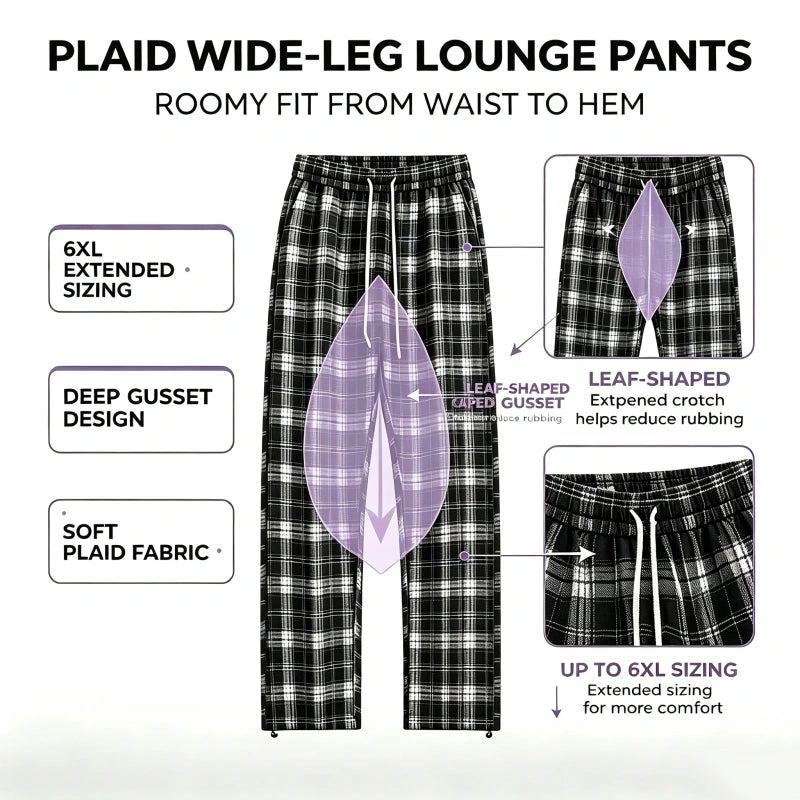 Classic Plaid Wide-Leg Lounge Pants - Anti-Chafing Fit